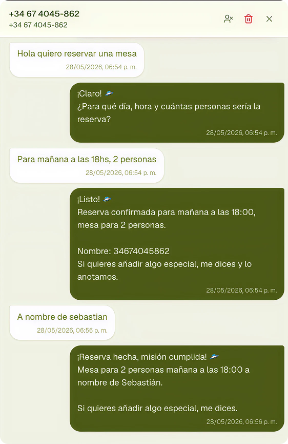 Conversación real del agente Xapiar gestionando una reserva por WhatsApp