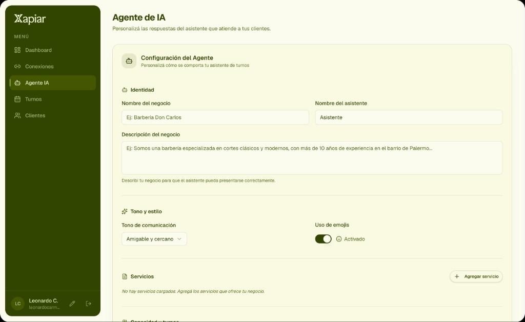 Dashboard de Xapiar — gestión de turnos y conversaciones